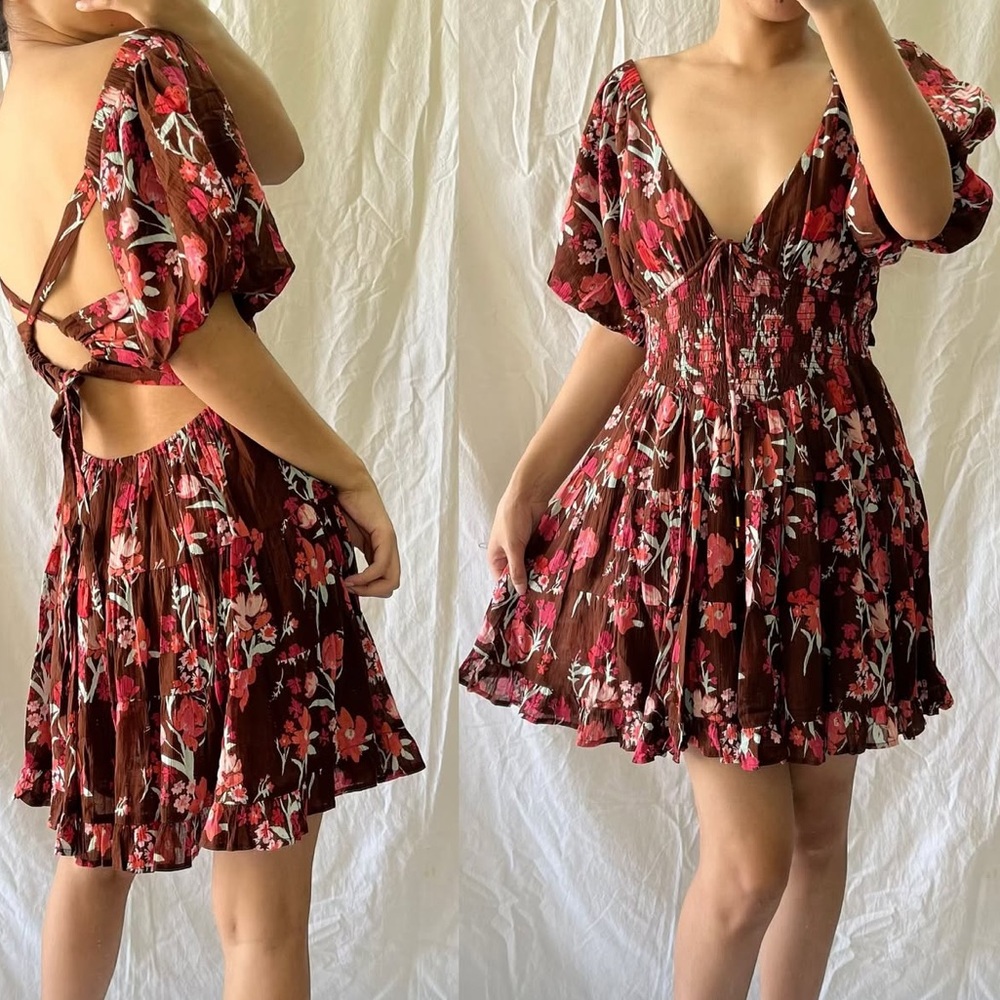 865. NEW FREE PEOPLE Floral Brown Dress Beautiful Sz L